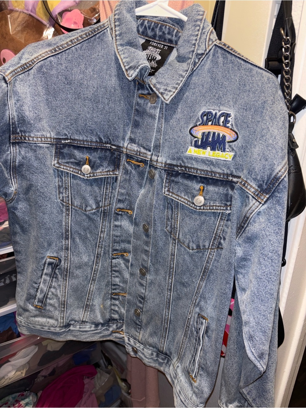 Forever 21 Light Blue Kids Denim Jacket with Space Jam Patch